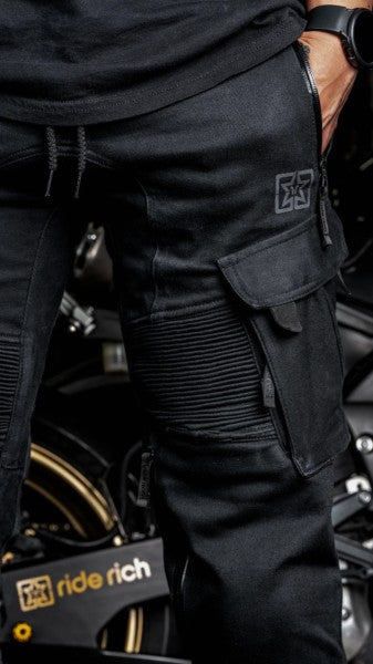 Ride Rich Unit 16 Armoured Denim Cargo Motorcycle Joggers - Black